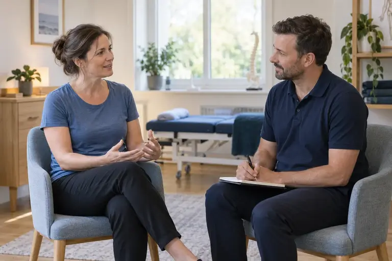 Practitioner and client discussing joint symptoms during a consultation