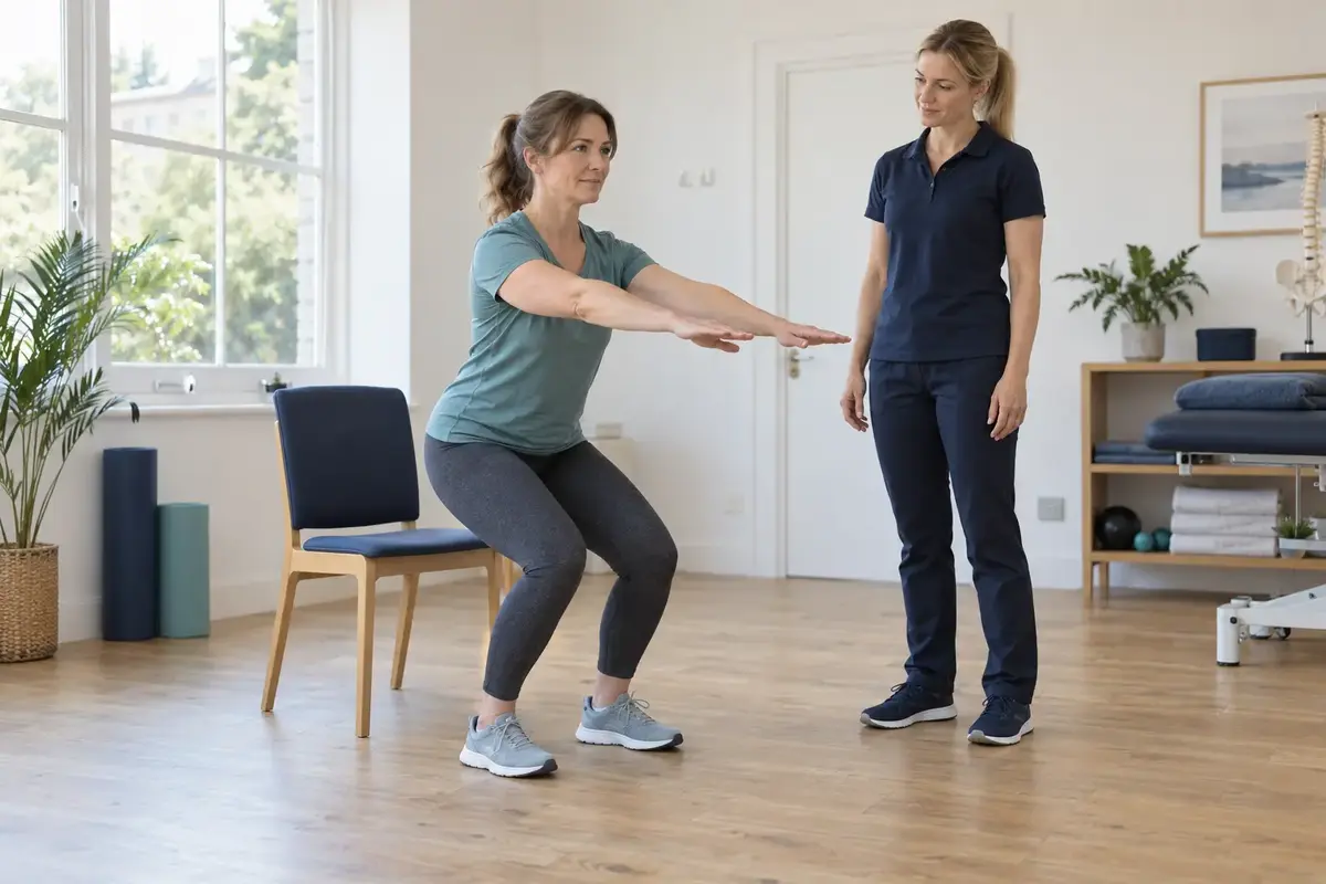 Practitioner observing a client performing a comfortable shallow squat near a chair