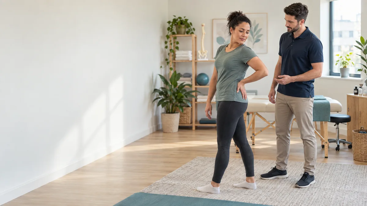 Therapist observing a client’s comfortable standing back movement