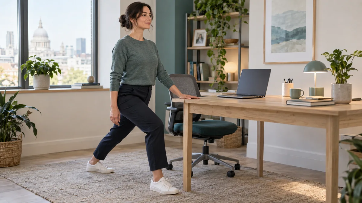 Office worker taking a supported movement break beside a desk